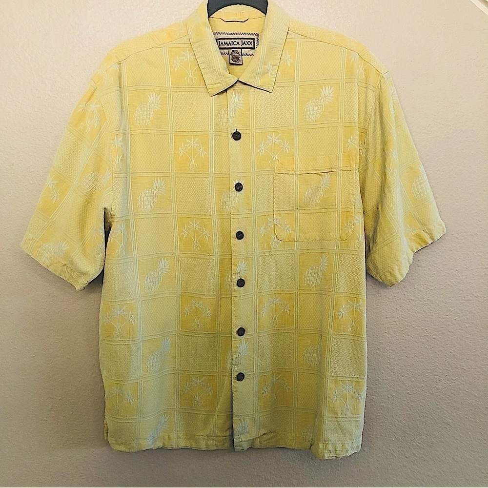 Jamaica Jazz Silk Hawaiian Jacquard Coconut Button Down Short Sleeves Shirt Sz M